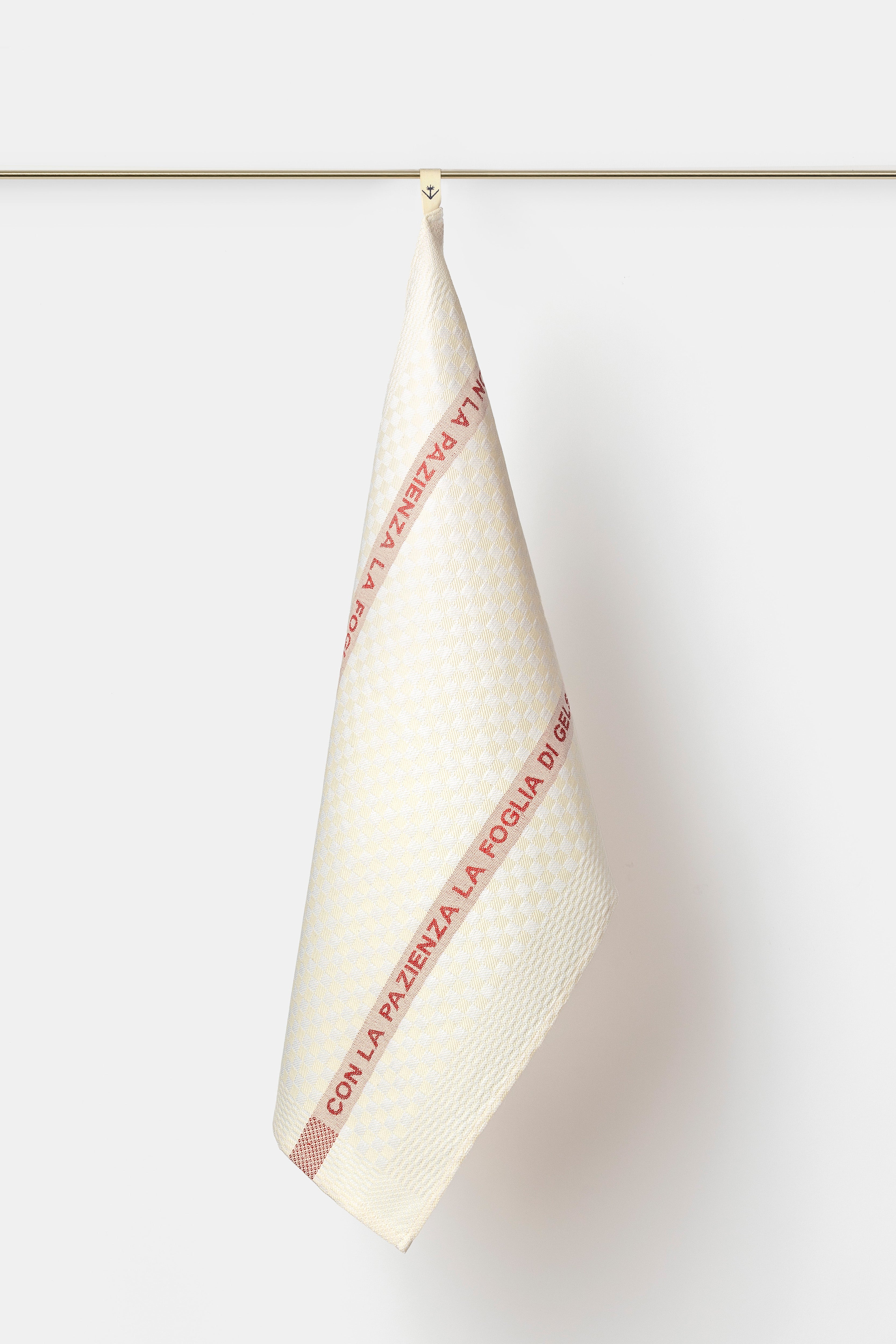 "Gelso" tea towel in White / Melograno Red