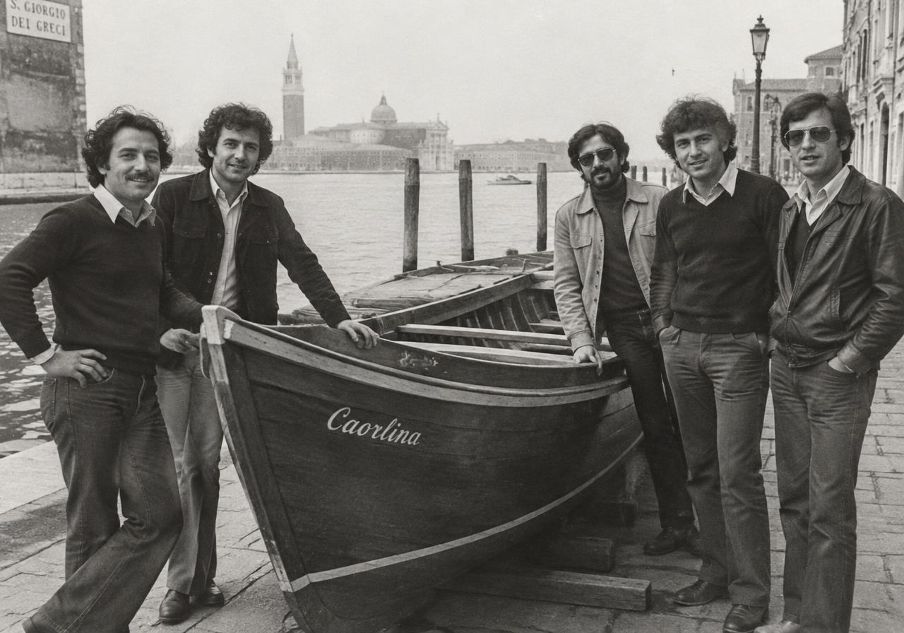 I soci fondatori accanto a una caorlina, 1977